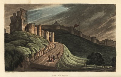 Scarborough-kastély: turisták sétálnak fel a dombra a 12. századi kővárhoz. Kézi színű rézmetszet Thomas Rowlandsontól J. Green vázlata után a Poetical Sketches of Scarborough, Ackermann, Londonból alkotó: Thomas Rowlandson