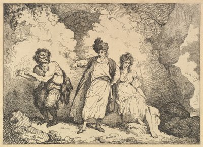 Jelenet a viharból: Caliban, Prospero és Miranda, [1783-87], újra kiadva 1801-ben. alkotó: Thomas Rowlandson