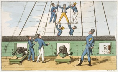 A kötélzetben lefoglalva, John Mitford (1782-1831) „The Adventures of Johnny Newcome a haditengerészet” című lemeze, W. Read metszet, 1818 alkotó: Thomas Rowlandson
