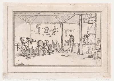 Cipőzés: A falu kovácsműhelye, patkolókovács boltja, 1787., 1787. alkotó: Thomas Rowlandson