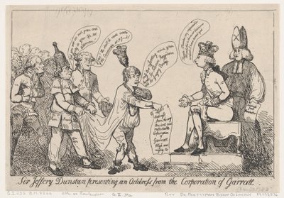 Sir Jeffery Dunstan felolvassa a Garratt Városi Tanács üzenetét alkotó: Thomas Rowlandson