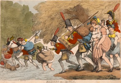 Katonák egy menetben: "Pakolja össze a rongyait és kövesse a dobot" alkotó: Thomas Rowlandson