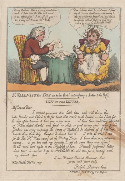 Szent Bálint-nap vagy John Bull, aki elkap egy levelet a feleségének, 1809. február ..., február 23. alkotó: Thomas Rowlandson
