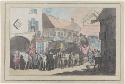 Színpadi edző és lovasok egy fogadó udvarán, indulásra készülődve, 1789-95., 1789-95. alkotó: Thomas Rowlandson