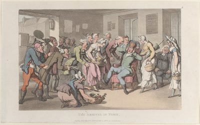 Érkezés Párizsba, a Journal of Sentimental Travels in the Southern Provinces of Fr..., 1820-ból. alkotó: Thomas Rowlandson