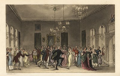 A bálterem: divatos turisták táncolnak a Scarborough-i üléstermekben. Minden úriember, aki táncol, 2-t fizet, és minden hölgy, aki teát iszik, 1-et. Thomas Rowlandson kézi színű rézmetszete J. Green vázlata után a Poetical Sketchesből alkotó: Thomas Rowlandson