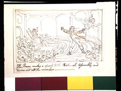A báró beszédet mond az Országgyűlésben, és kiűzi az összes képviselőt (toll, tinta és akvarell papíron) alkotó: Thomas Rowlandson