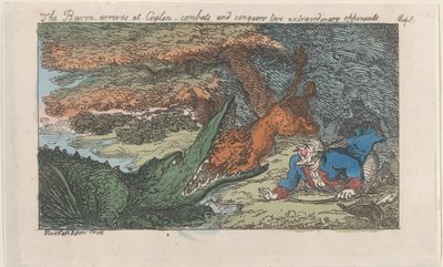 A báró Ceylonba érkezik, megküzd és meghódít két rendkívüli ellenfelet..., [1809], 1811-ben újra kiadták. alkotó: Thomas Rowlandson