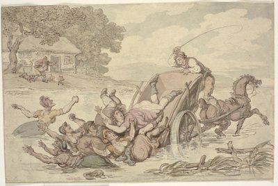 "A Carter és a cigányok": Egy patakban megfordult kocsi, amely egy csapat nőt a vízbe billent alkotó: Thomas Rowlandson