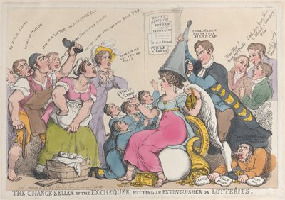 A pénzügyminisztérium esélyes eladója oltót bocsát a sorsjátékokon, 1823. szeptember..., 1823. szeptember 18. alkotó: Thomas Rowlandson