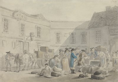 A boulogne-i vámház – fordítva: Grafitvázlat lovakról, kocsikról és épületekről (toll, tinta és w/c papíron) alkotó: Thomas Rowlandson