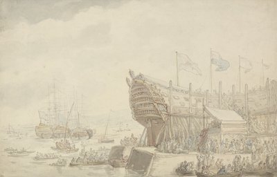 A H.M.S. „Hibernia” Devonportban, 1804 körül (toll, tinta és akvarell papíron) alkotó: Thomas Rowlandson