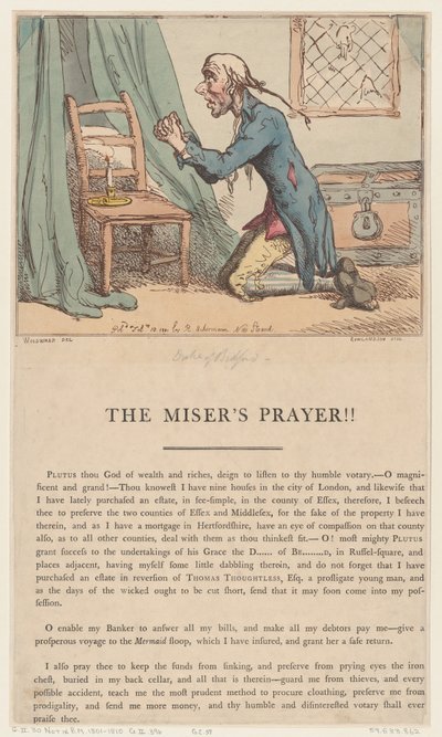 A fösvény imája, 1801. február 10., 1801. február 10. alkotó: Thomas Rowlandson