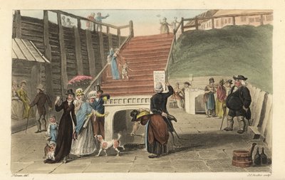 The Spa Wells: Turisták, akik a Scarborough Spaw kútjaiból isszák a fürdővizet. Kézi színű rézmetszet Thomas Rowlandson, akvatinta J. C. Stadler, J. Green vázlata a Poetical Sketches of Scarborough, Ackermann, Londonból alkotó: Thomas Rowlandson