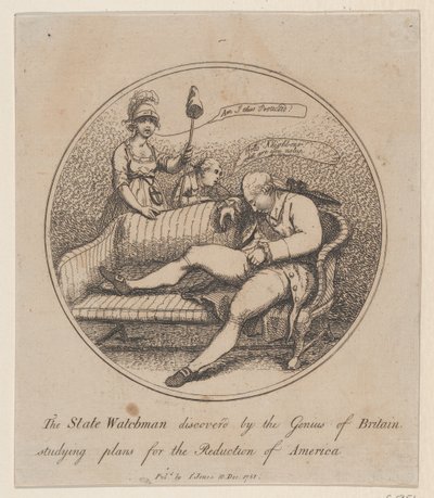 Az Állami Őrző, akit a Genius of Britain felfedezett, a... terveit tanulmányozza, 1781. december 10. alkotó: Thomas Rowlandson