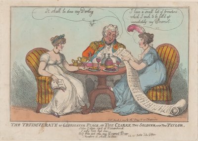 A Gloucester Place triumvirátusa, avagy A Clarke, A katona és a Taylor, 1809., 1809. alkotó: Thomas Rowlandson