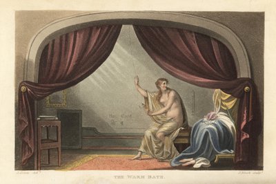A meleg fürdő: meztelen nő fürdik a függönyök mögött egy Regency szobában. Azt mondják, hogy Mary Robinson, IV. György király szeretője portréja. Kézi színű rézmetszet Thomas Rowlandson, akvatinta J. Bluck, J. Green vázlata P-ből alkotó: Thomas Rowlandson
