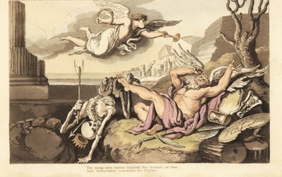 A Halál és az Atyaidő csontváza terpeszkedik az Örökkévalóság angyala alatt. Thomas Rowlandson által rajzolt és vésett, kézzel színezett rézlemez az angol haláltáncból, Ackermann, London alkotó: Thomas Rowlandson
