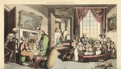 A Halál csontváza megjelenik egy nagycsalád nappalijában, hogy elvigyen egy gyermeket vagy újszülöttet. Thomas Rowlandson által rajzolt és vésett, kézzel színezett rézlemez az angol haláltáncból, Ackermann, London alkotó: Thomas Rowlandson