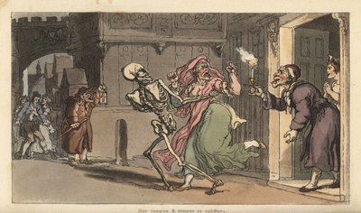 A Halál csontváza egy Virago-t visz ki egy házból, miközben egy lámpás éjjeliőr néz rá. Thomas Rowlandson által rajzolt és vésett, kézzel színezett rézlemez az angol haláltáncból, Ackermann, London alkotó: Thomas Rowlandson