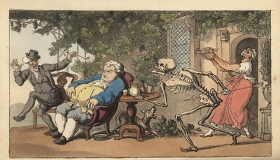 A Halál csontváza Tom Higginshez érkezik, egy kőműves legényhez, aki lejárt, és egy fogadó előtt várt egy ételre. Thomas Rowlandson által rajzolt és vésett, kézzel színezett rézlemez az angol haláltáncból, Ackermann, London alkotó: Thomas Rowlandson