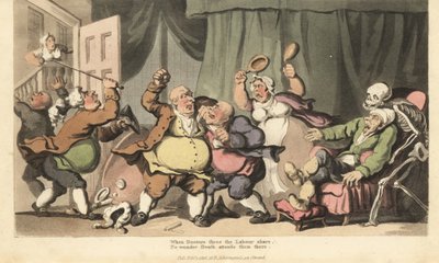 A Halál csontváza egy beteg emberért jön, miközben három hápászdoktor harcol, és egy szobalány ágytálakkal támad rájuk a Kamaraháborúban. Thomas Rowlandson által rajzolt és vésett, kézzel színezett rézlemez az angol haláltáncból, Ackermann, London alkotó: Thomas Rowlandson