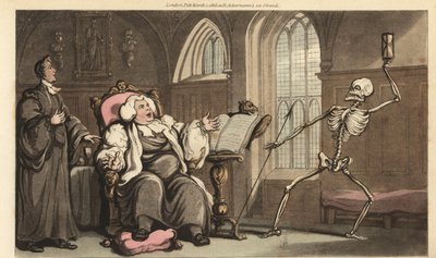 A Halál csontváza a püspökért érkezik az apátságba, amint a Bibliát olvassa a szónoki emelvényen, és köszvényes lábát egy párnán nyugtatja. Thomas Rowlandson által rajzolt és vésett, kézzel színezett rézlemez az angol haláltáncból, Ackermann, London alkotó: Thomas Rowlandson
