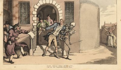 A Halál csontváza kiszabadít egy foglyot az adós börtönéből az elkeseredett családja előtt. Thomas Rowlandson által rajzolt és vésett, kézzel színezett rézlemez az angol haláltáncból, Ackermann, London alkotó: Thomas Rowlandson