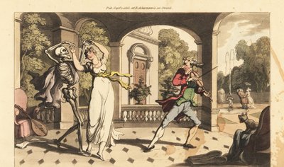 A Halál köpenyes csontváza egy utolsó keringőt táncol a törékeny Caeliával, miközben tánctanára döbbenten néz ki. Thomas Rowlandson által rajzolt és vésett, kézzel színezett rézlemez az angol haláltáncból, Ackermann, London alkotó: Thomas Rowlandson