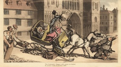 A Halál köpenyes és sapkás csontváza egy kétlovas kocsit hajt, amint nekiütközik az útépítésnek, megölve utasát, egy bírósági tisztet. Thomas Rowlandson által rajzolt és vésett, kézzel színezett rézlemez az angol haláltáncból, Ackermann, London alkotó: Thomas Rowlandson