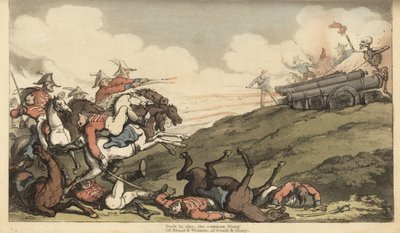 A Halál csontváza ágyútűzet indít egy angol lovassági rohamra. Thomas Rowlandson által rajzolt és vésett, kézzel színezett rézlemez az angol haláltáncból, Ackermann, London alkotó: Thomas Rowlandson