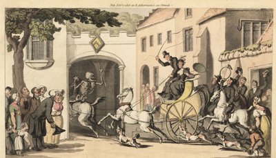 A Halál csontváza egy magas tandem előtt halad, és egy alacsony ív alatt viszi végzete következő örökösét. Thomas Rowlandson által rajzolt és vésett, kézzel színezett rézlemez az angol haláltáncból, Ackermann, London alkotó: Thomas Rowlandson