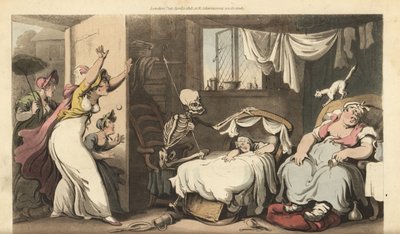 A Halál csontváza egy csecsemő bölcsőjét ringatja, miközben a dada alszik, és a kétségbeesett anya hazaér. Thomas Rowlandson által rajzolt és vésett, kézzel színezett rézlemez az angol haláltáncból, Ackermann, London alkotó: Thomas Rowlandson