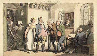 A Halál csontváza meglepi Ned Freemant, amint felkeresi a biztosítási irodát, özvegyére hatalmas összeget hagyva. Thomas Rowlandson által rajzolt és vésett, kézzel színezett rézlemez az angol haláltáncból, Ackermann, London alkotó: Thomas Rowlandson