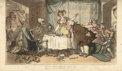A Halál csontváza nyílvesszővel és homokórával jön a falánkért, amint vacsorázik. Thomas Rowlandson által rajzolt és vésett, kézzel színezett rézlemez az angol haláltáncból, Ackermann, London alkotó: Thomas Rowlandson