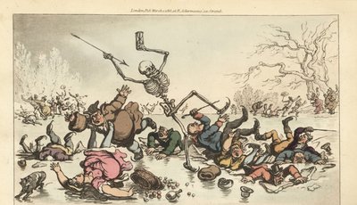 A Halál csontváza darttal és homokórával korcsolyázik egy befagyott tavon, miközben a többi korcsolyázó átesik a törött jégen. Thomas Rowlandson által rajzolt és vésett, kézzel színezett rézlemez az angol haláltáncból, Ackermann, London alkotó: Thomas Rowlandson