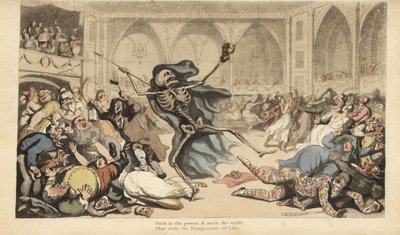 A Halál csontváza nyílvesszőjével lázadást okoz a harlekinek, zsokék, apácák, törökök és bolondok között egy álarcosbálon. Thomas Rowlandson által rajzolt és vésett, kézzel színezett rézlemez az angol haláltáncból, Ackermann, London alkotó: Thomas Rowlandson