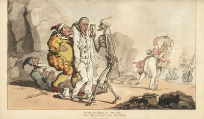 A Halál csontváza homokórával és nyílvesszővel egy Pierrot-hoz és más bohócokhoz érkezik, miközben egy harlekin egy nővel táncol a tengerparton. Thomas Rowlandson által rajzolt és vésett, kézzel színezett rézlemez az angol haláltáncból, Ackermann, London alkotó: Thomas Rowlandson