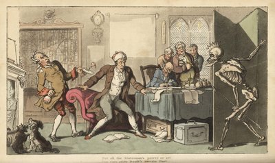 Az államférfit az irodájában meglepi a Halál csontváza a paraván mögül előbukkanó koronájával és nyílvesszőjével. Thomas Rowlandson által rajzolt és vésett, kézzel színezett rézlemez az angol haláltáncból, Ackermann, London alkotó: Thomas Rowlandson