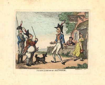 Három egyenruhás katona parádézik egy kocsma előtt. alkotó: Thomas Rowlandson