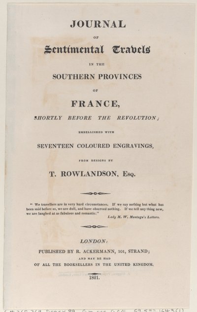 Címlap, a Journal of Sentimental Travels in the Southern Provinces of France, Shor..., 1821-ből. alkotó: Thomas Rowlandson