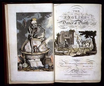 Címlap az "Angol haláltánc" című kötetből, R. Ackermann kiadása. alkotó: Thomas Rowlandson