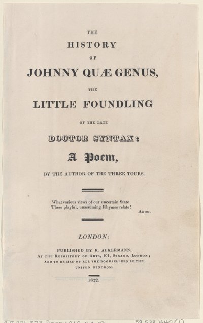Címlap, The History of Johnny Quae Genus, The Little Foundling of the Late Docto..., 1822-ből. alkotó: Thomas Rowlandson