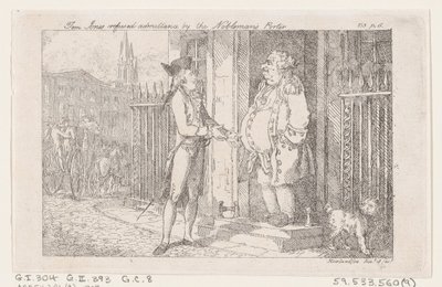 Tom Jones megtagadta a beutazást a nemes porterétől, a The History of Tom Jones, a F..., 1792-ből. alkotó: Thomas Rowlandson
