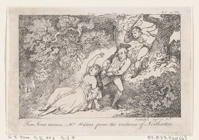 Tom Jones megmenti Mrs. Waterst a Northerton-i erőszaktól, A Tom Jon története..., 1792-ből. alkotó: Thomas Rowlandson