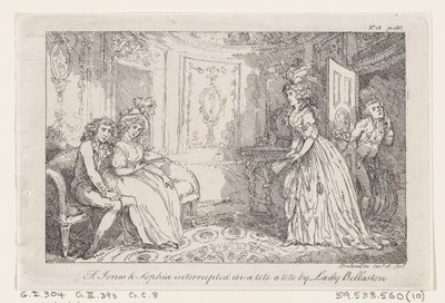 Tom Jones és Sophia megszakította Lady Bellaston tete a tete-jét, a The History of To...-ból, 1792-ből. alkotó: Thomas Rowlandson