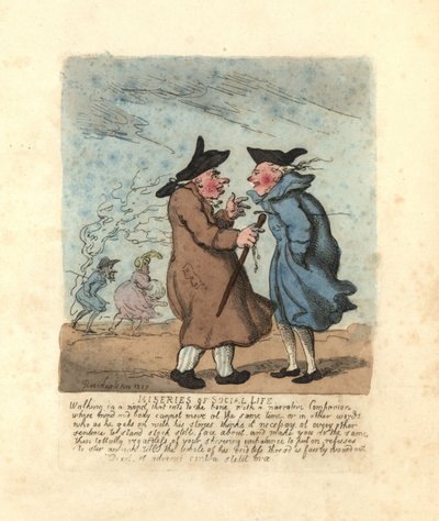 Két régensi férfi megállt beszélgetni a fagyos szélben. alkotó: Thomas Rowlandson