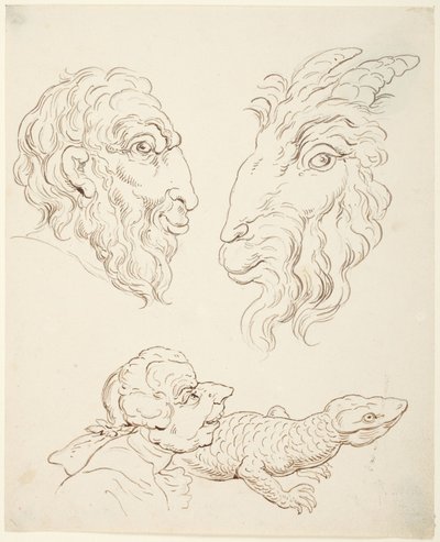 Két karikatúra: ember és kecske, ember és gyík alkotó: Thomas Rowlandson