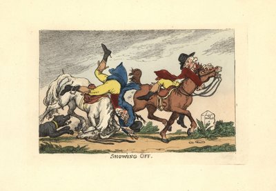 Két férfi leesett a lováról, miután megmutatták magukat. Dicsekvés. alkotó: Thomas Rowlandson