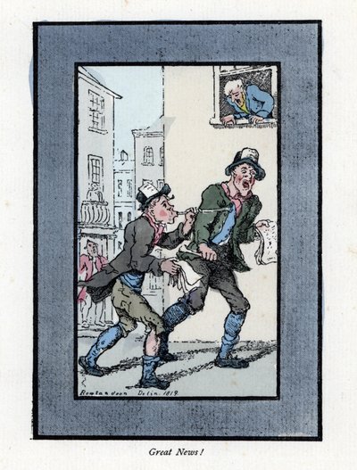 Két újságárus hosszú síppal újságokat árul egy londoni utcában. Thomas Rowlandson (1756-1827) festménye alapján készült fametszet, amely a londoni válságban jelent meg: hat bájos gyerekkel és közel 40 illusztrációval, Andrew Tuertől, alkotó: Thomas Rowlandson